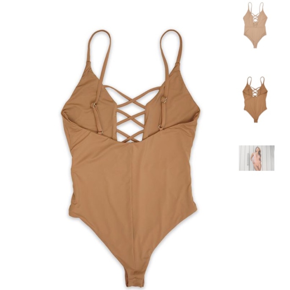 Caged Front Moderate Coverage One Piece Beige - Picture 3 of 4